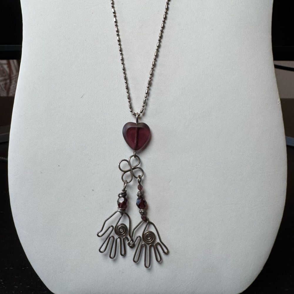 Eclectic Boho Silver Hamsa and Purple Heart Pendant Necklace